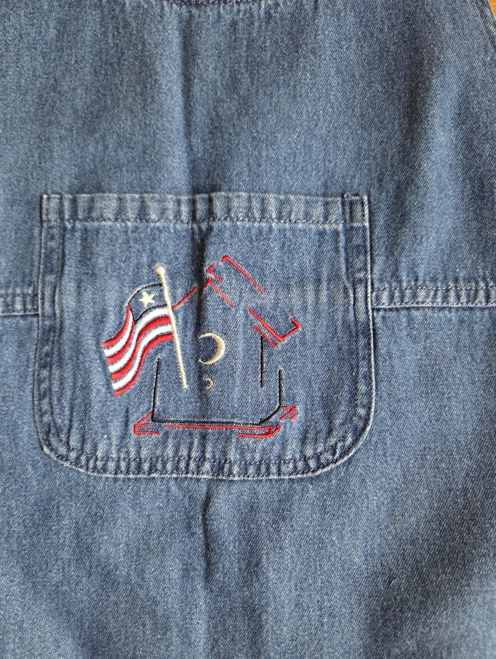 Vintage Denim Maxi Jumper Dress with Embroidered Stars and Flags Size M 100% COT - Picture 3 of 5